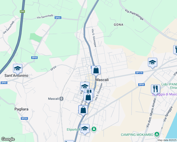 map of restaurants, bars, coffee shops, grocery stores, and more near 1 Via Conte Ruggero in Mascali