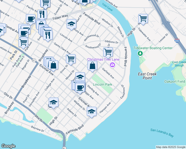 map of restaurants, bars, coffee shops, grocery stores, and more near 1429 High Street in Alameda