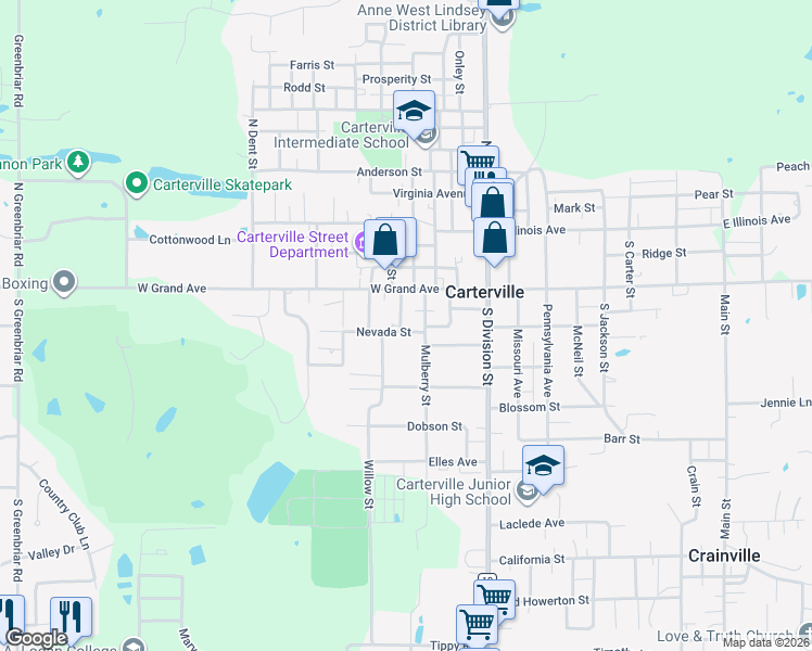 map of restaurants, bars, coffee shops, grocery stores, and more near 405 West Grand Avenue in Carterville
