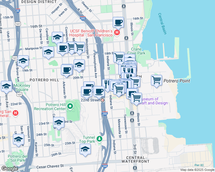 map of restaurants, bars, coffee shops, grocery stores, and more near 800 Indiana Street in San Francisco