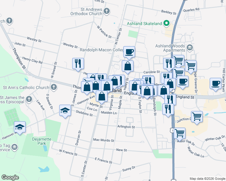 map of restaurants, bars, coffee shops, grocery stores, and more near in Ashland