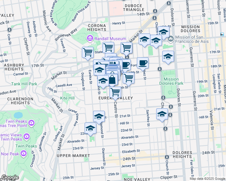 map of restaurants, bars, coffee shops, grocery stores, and more near 604 Castro Street in San Francisco