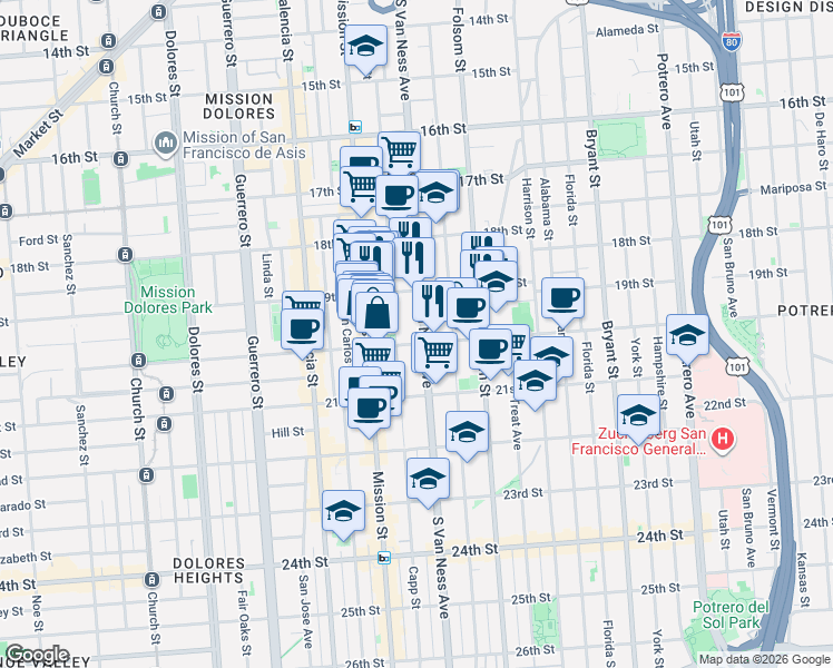 map of restaurants, bars, coffee shops, grocery stores, and more near in San Francisco
