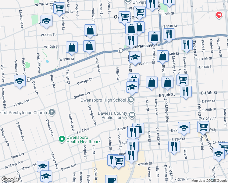 map of restaurants, bars, coffee shops, grocery stores, and more near 450 Griffith Avenue in Owensboro