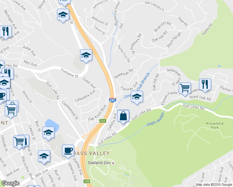 map of restaurants, bars, coffee shops, grocery stores, and more near 9400 Mountain Boulevard in Oakland