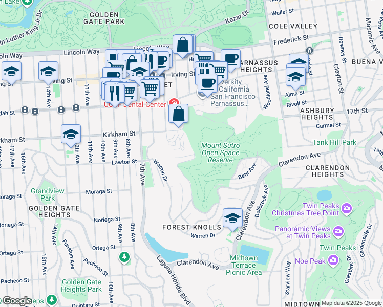 map of restaurants, bars, coffee shops, grocery stores, and more near 507 Crestmont Drive in San Francisco