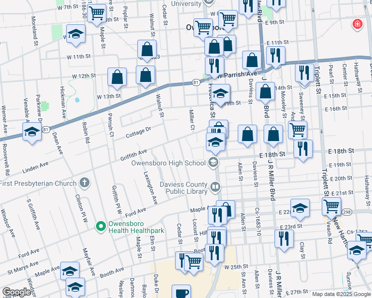 map of restaurants, bars, coffee shops, grocery stores, and more near 450 Griffith Avenue in Owensboro