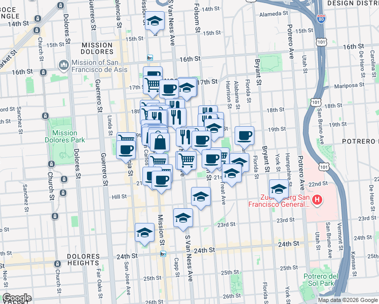 map of restaurants, bars, coffee shops, grocery stores, and more near in San Francisco