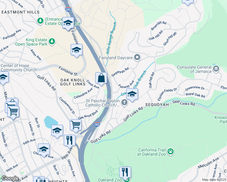 map of restaurants, bars, coffee shops, grocery stores, and more near 9400 Mountain Boulevard in Oakland