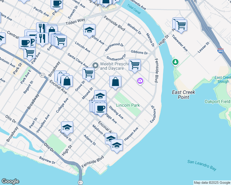 map of restaurants, bars, coffee shops, grocery stores, and more near 1429 High Street in Alameda