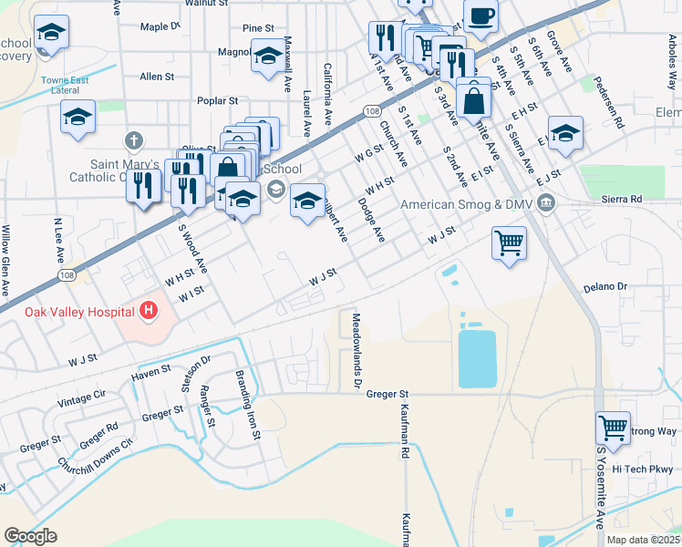 map of restaurants, bars, coffee shops, grocery stores, and more near 635 West J Street in Oakdale