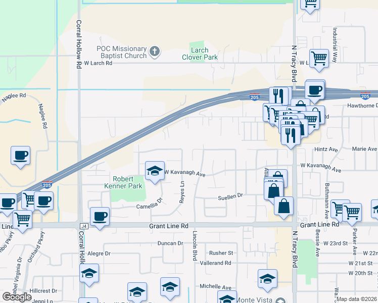 map of restaurants, bars, coffee shops, grocery stores, and more near 1605 Lavelle Smith Drive in Tracy