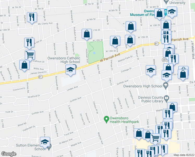 map of restaurants, bars, coffee shops, grocery stores, and more near 1335 Claranette Court in Owensboro