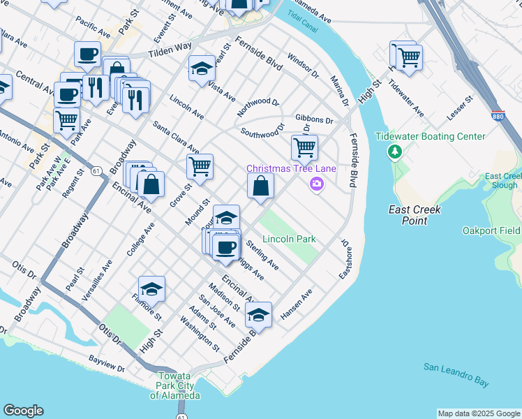 map of restaurants, bars, coffee shops, grocery stores, and more near 3016 Santa Clara Avenue in Alameda