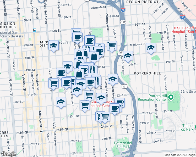 map of restaurants, bars, coffee shops, grocery stores, and more near 780 York Street in San Francisco