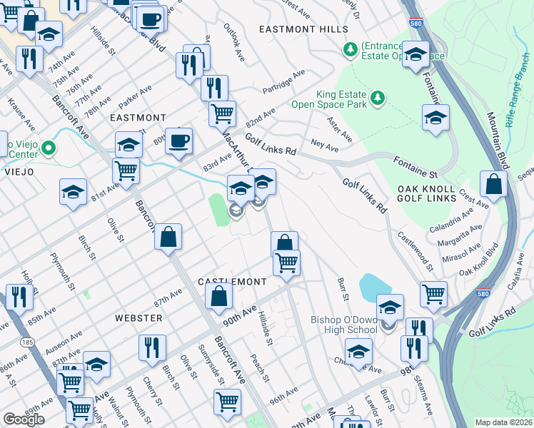map of restaurants, bars, coffee shops, grocery stores, and more near in Oakland