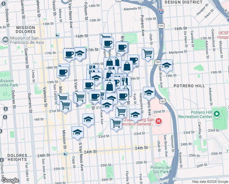map of restaurants, bars, coffee shops, grocery stores, and more near 20th Street & Alabama Street in San Francisco