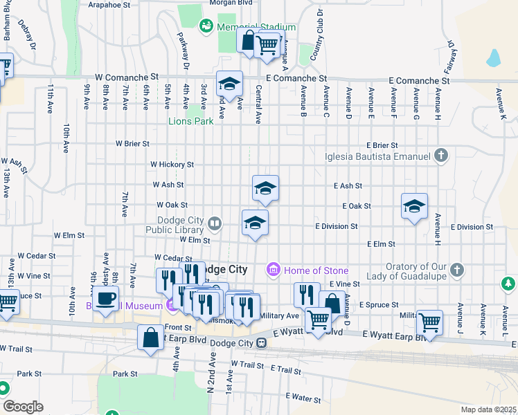 map of restaurants, bars, coffee shops, grocery stores, and more near 198 West Oak Street in Dodge City