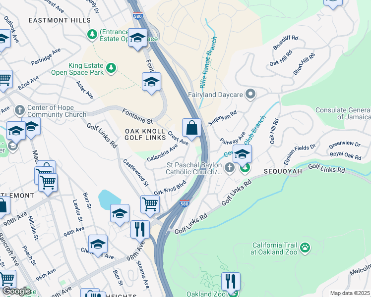 map of restaurants, bars, coffee shops, grocery stores, and more near 9317 Granada Avenue in Oakland