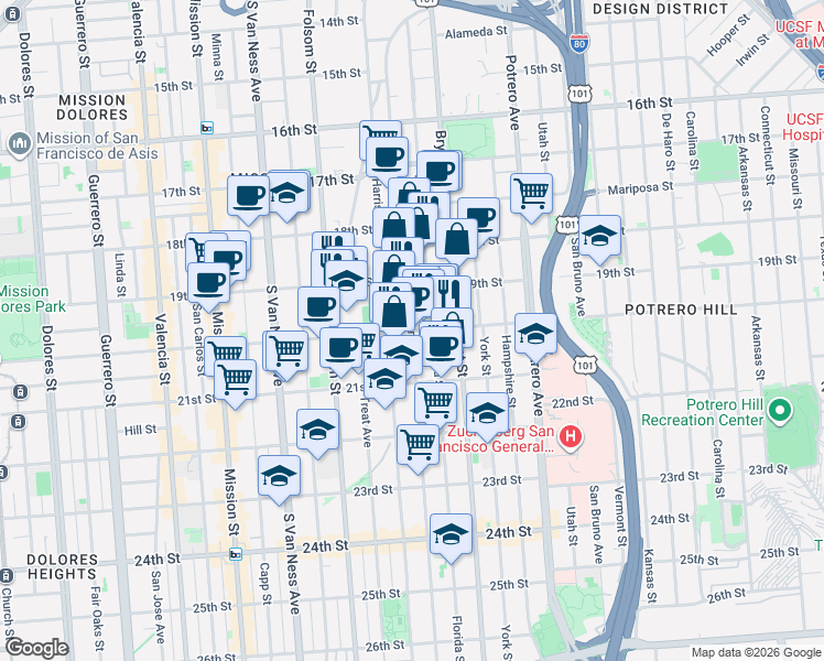 map of restaurants, bars, coffee shops, grocery stores, and more near 20th Street in San Francisco