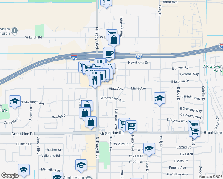 map of restaurants, bars, coffee shops, grocery stores, and more near 491 Hintz Avenue in Tracy