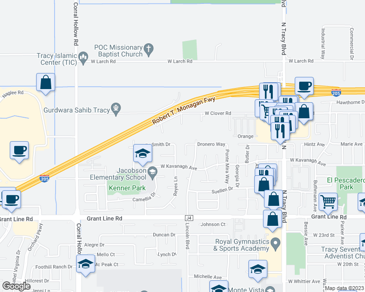 map of restaurants, bars, coffee shops, grocery stores, and more near 1605 Lavelle Smith Drive in Tracy