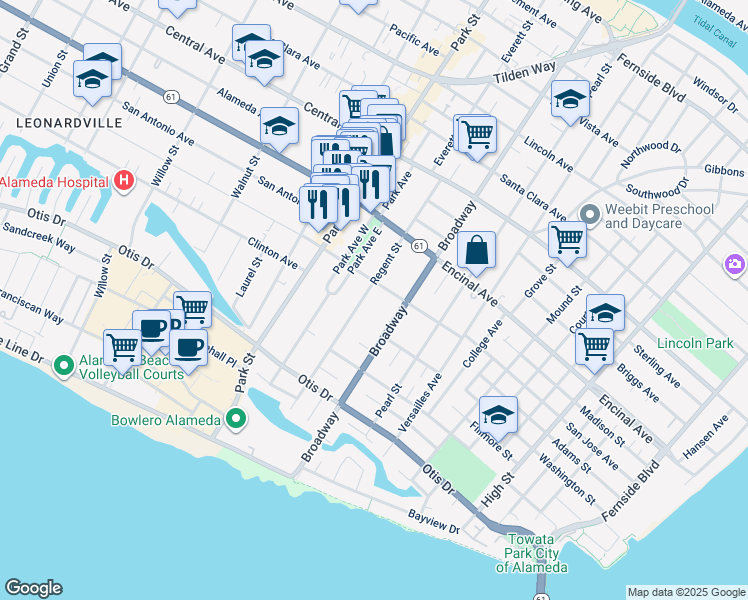 map of restaurants, bars, coffee shops, grocery stores, and more near 1181 Regent Street in Alameda