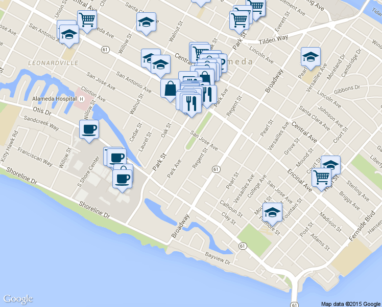 map of restaurants, bars, coffee shops, grocery stores, and more near 1167 Park Avenue in Alameda