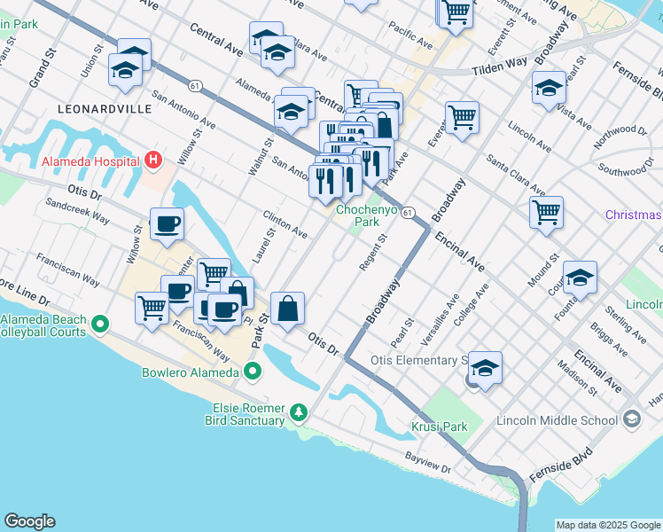 map of restaurants, bars, coffee shops, grocery stores, and more near 1167 Park Avenue in Alameda