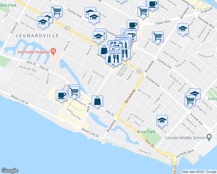 map of restaurants, bars, coffee shops, grocery stores, and more near 1167 Park Avenue in Alameda