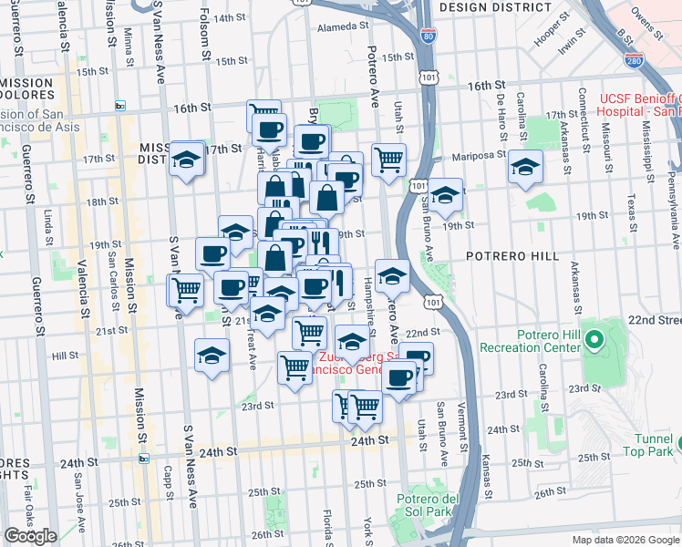 map of restaurants, bars, coffee shops, grocery stores, and more near 780 York Street in San Francisco