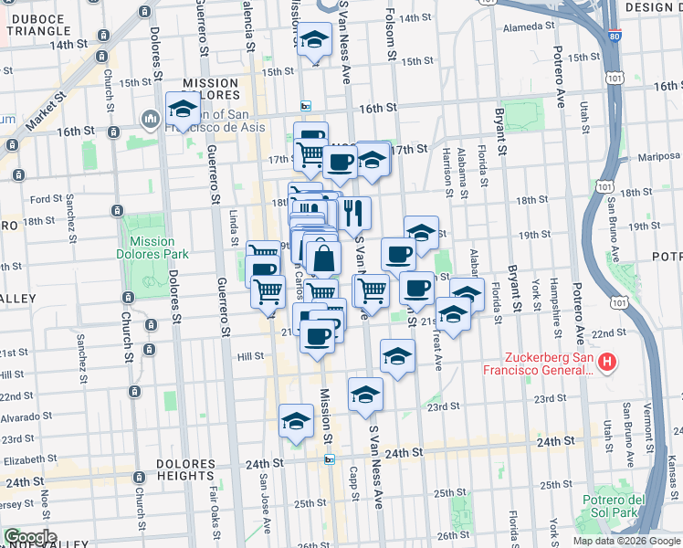 map of restaurants, bars, coffee shops, grocery stores, and more near 850 South Van Ness Avenue in San Francisco