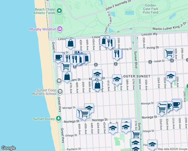 map of restaurants, bars, coffee shops, grocery stores, and more near 1454 44th Avenue in San Francisco