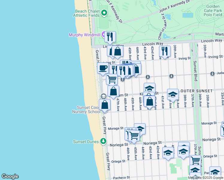 map of restaurants, bars, coffee shops, grocery stores, and more near 1442 48th Avenue in San Francisco