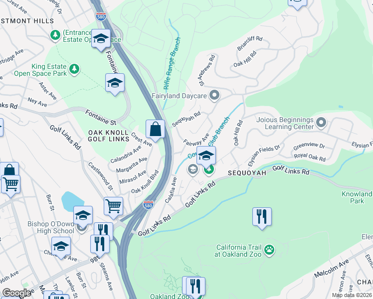 map of restaurants, bars, coffee shops, grocery stores, and more near 3845 Twin Oaks Way in Oakland