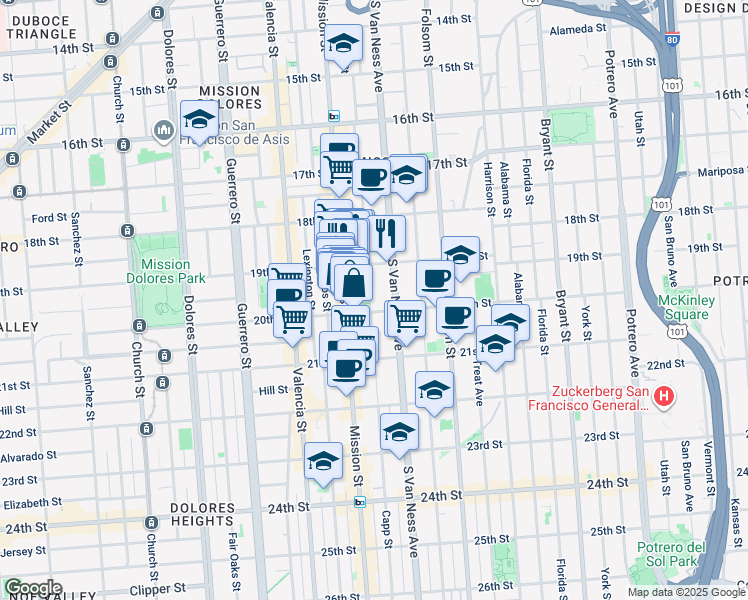 map of restaurants, bars, coffee shops, grocery stores, and more near 3440 20th Street in San Francisco