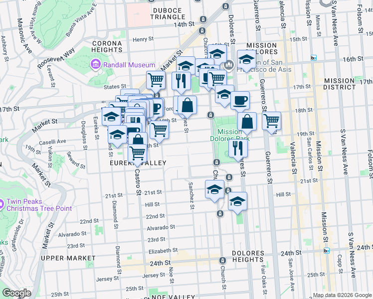 map of restaurants, bars, coffee shops, grocery stores, and more near 614 Sanchez Street in San Francisco