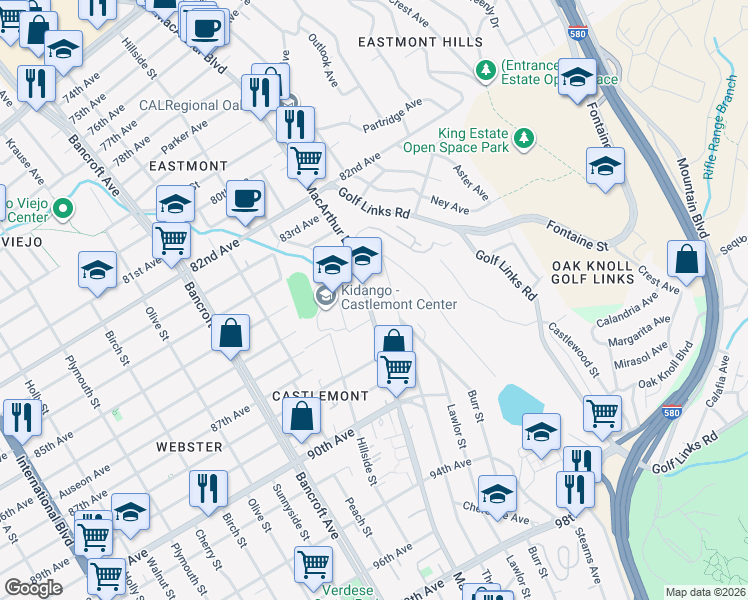 map of restaurants, bars, coffee shops, grocery stores, and more near 8610 MacArthur Boulevard in Oakland