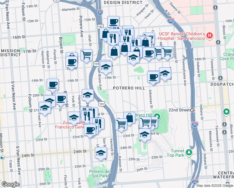 map of restaurants, bars, coffee shops, grocery stores, and more near 835 Kansas Street in San Francisco