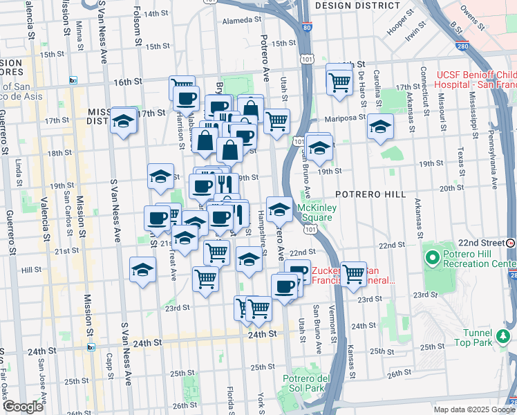 map of restaurants, bars, coffee shops, grocery stores, and more near 2701 20th Street in San Francisco