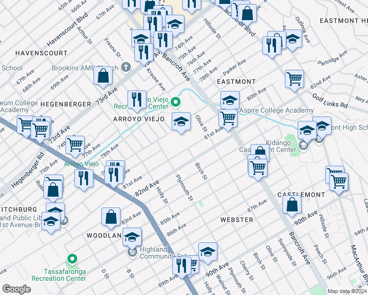 map of restaurants, bars, coffee shops, grocery stores, and more near 1761 81st Avenue in Oakland