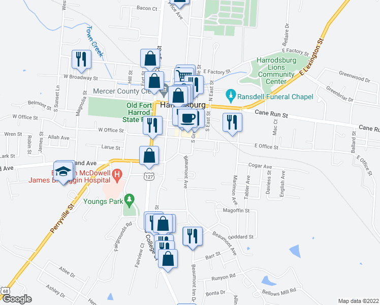 map of restaurants, bars, coffee shops, grocery stores, and more near 338 Beaumont Avenue in Harrodsburg