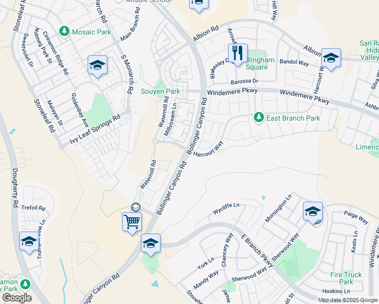 map of restaurants, bars, coffee shops, grocery stores, and more near Bollinger Canyon Rd & Harcourt Way in San Ramon