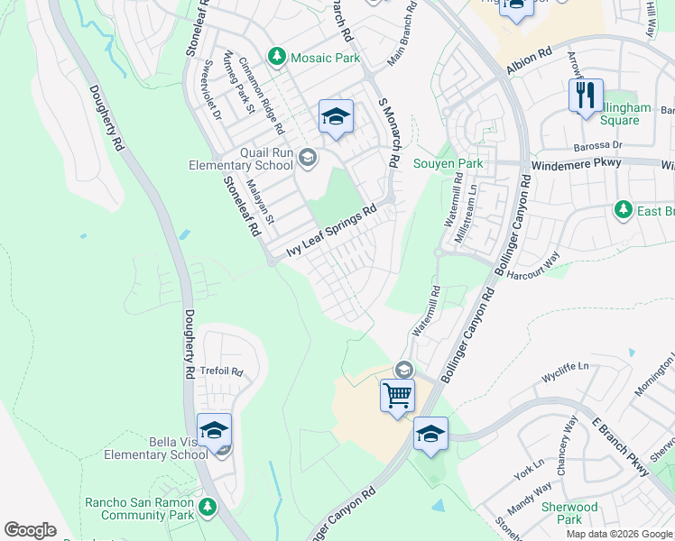 map of restaurants, bars, coffee shops, grocery stores, and more near 3042 Sonsilla Lane in San Ramon