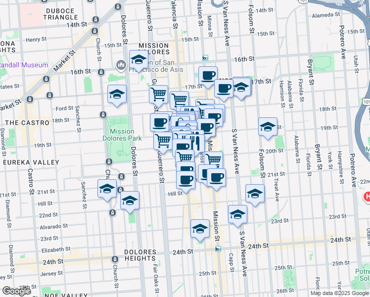 map of restaurants, bars, coffee shops, grocery stores, and more near Valencia Street in San Francisco