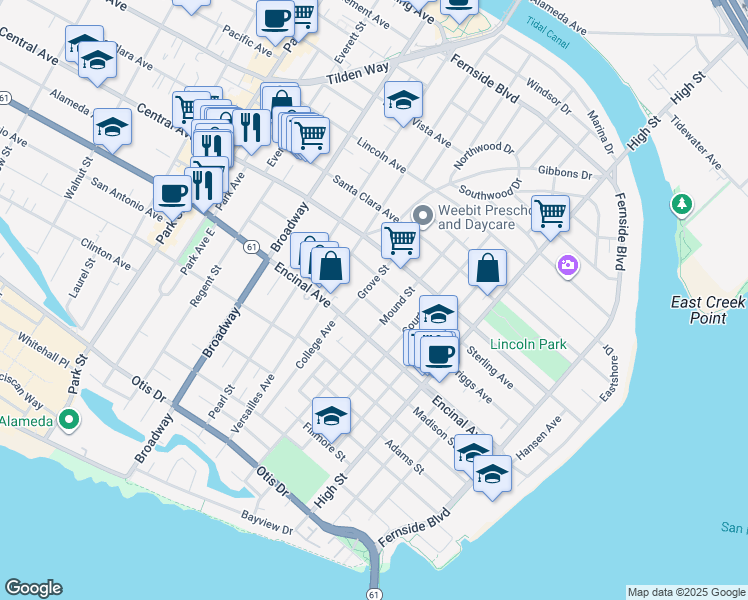 map of restaurants, bars, coffee shops, grocery stores, and more near 2847 Jackson Street in Alameda
