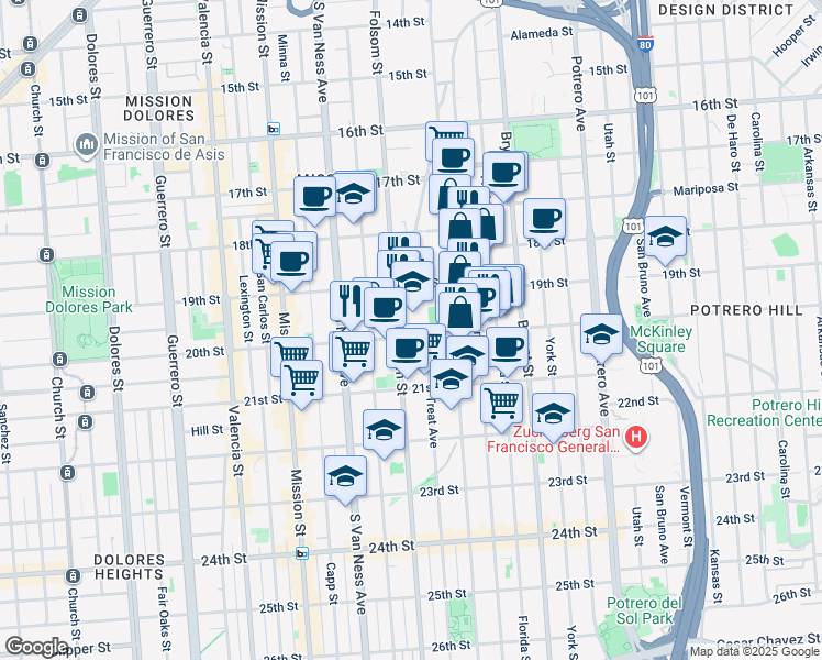 map of restaurants, bars, coffee shops, grocery stores, and more near 2 20th Street in San Francisco