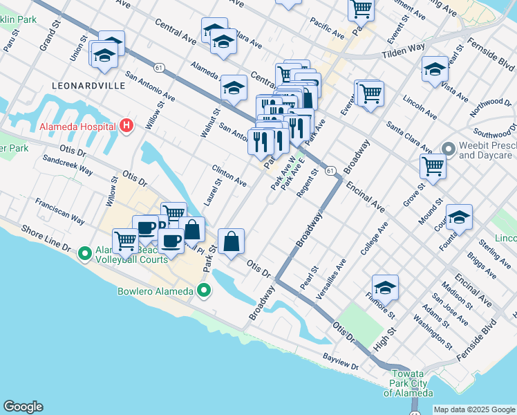 map of restaurants, bars, coffee shops, grocery stores, and more near 1167 Park Avenue in Alameda