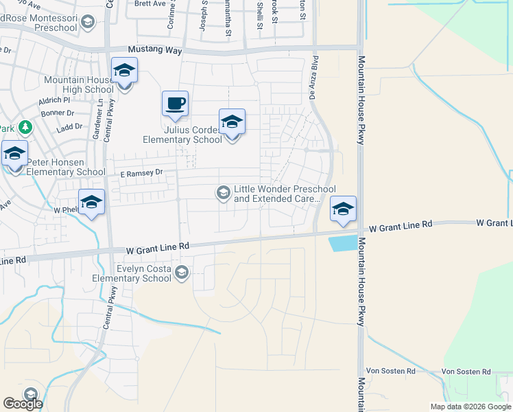map of restaurants, bars, coffee shops, grocery stores, and more near 1430 Sauvignon Street in Mountain House