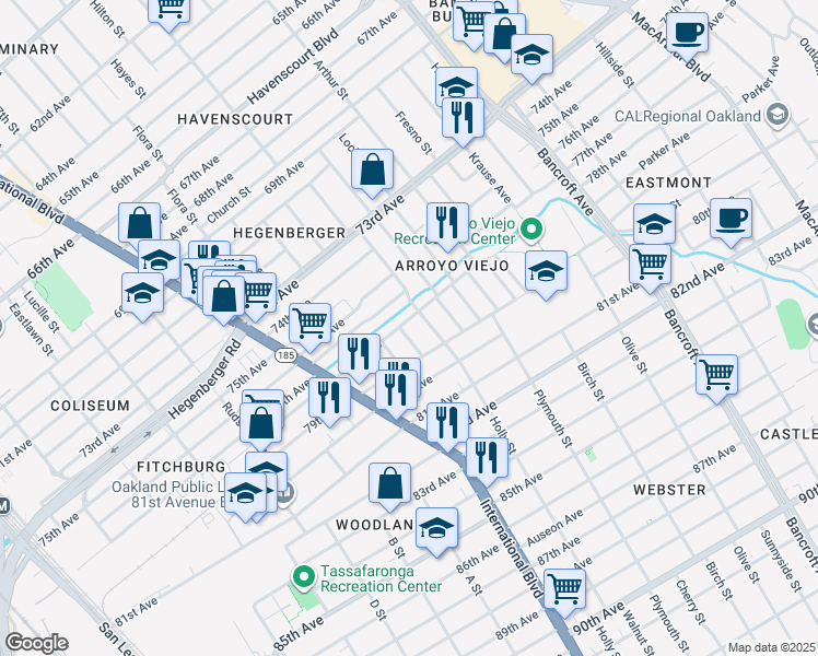 map of restaurants, bars, coffee shops, grocery stores, and more near 1557 78th Avenue in Oakland